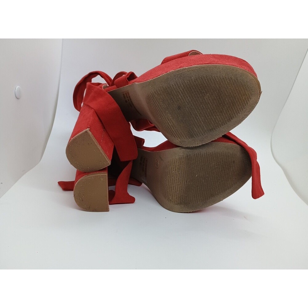 Fashion Nova Platform Sandals Womens Sz 6 Red 5" Block Heels Faux Suede Ties - Picture 5 of 8